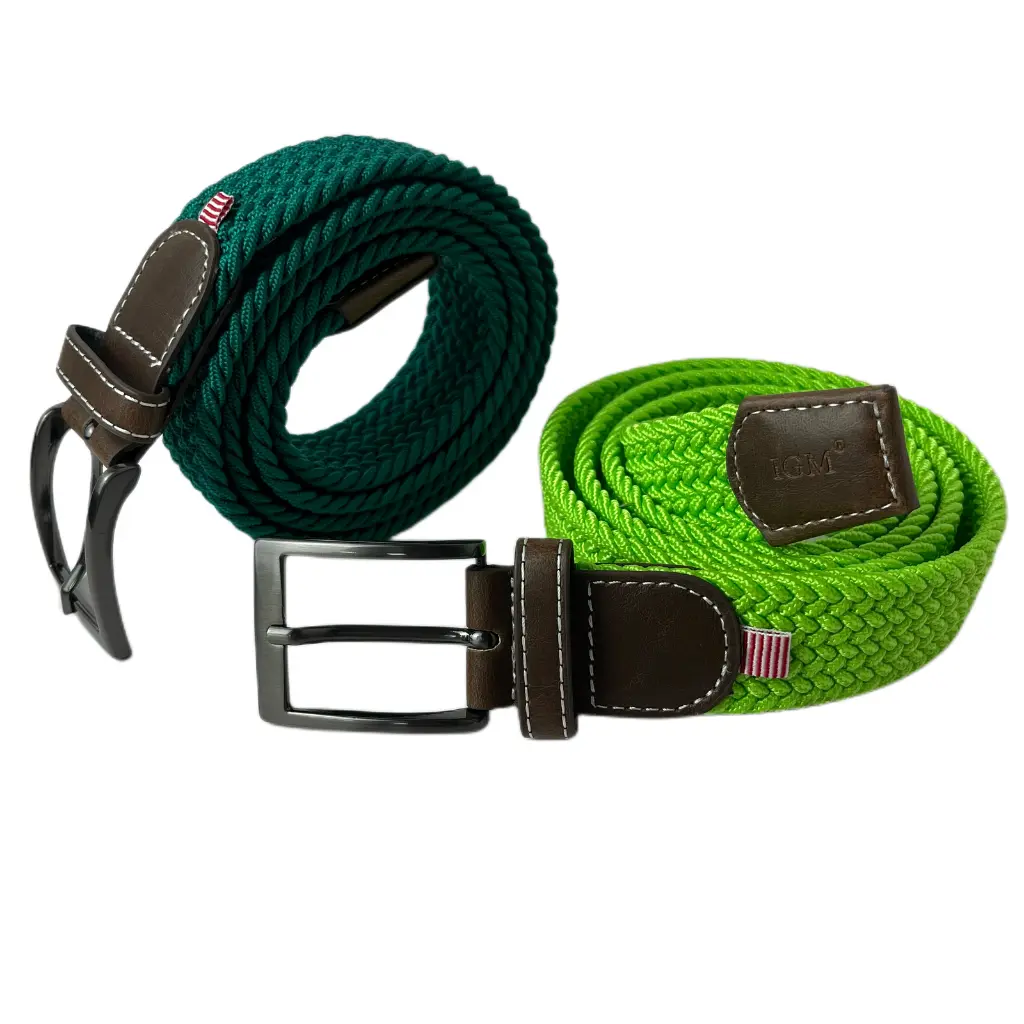 Men's Woven Canvas Belt  No-Hole Punch Free Dark Teal Green&Neon Green