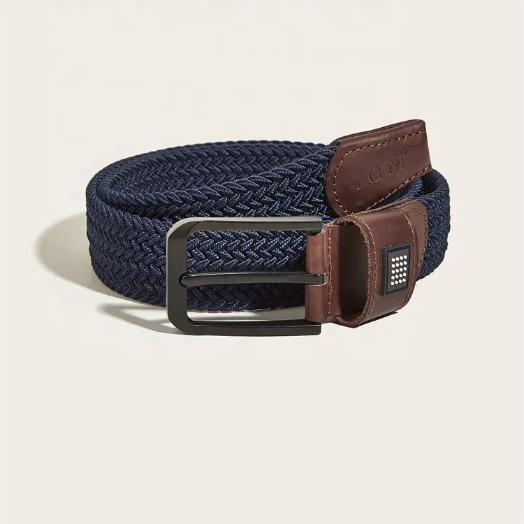 Brown Leather Leading Dark Denim Blue Woven Men'S Belt Metal Buckle Woven Elastic Woven Men'S Elastic Belt