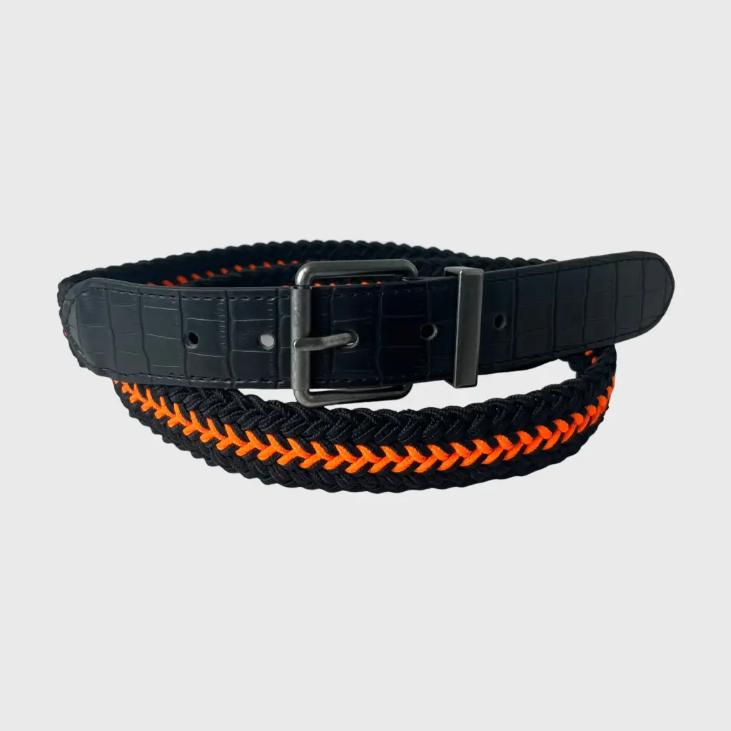 Men's Woven Canvas Belt – No-Hole Punch Free Elastic Black&Orange Crocodile-Pattern Leather