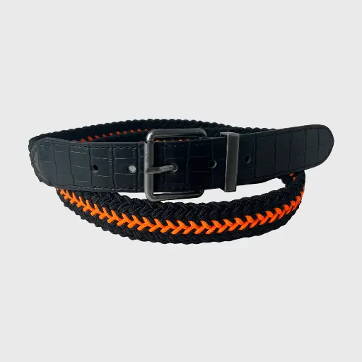 Men's Woven Canvas Belt – No-Hole Punch Free Elastic Black&Orange Crocodile-Pattern Leather