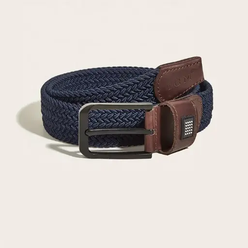 Brown Leather Leading Dark Denim Blue Woven Men'S Belt Metal Buckle Woven Elastic Woven Men'S Elastic Belt